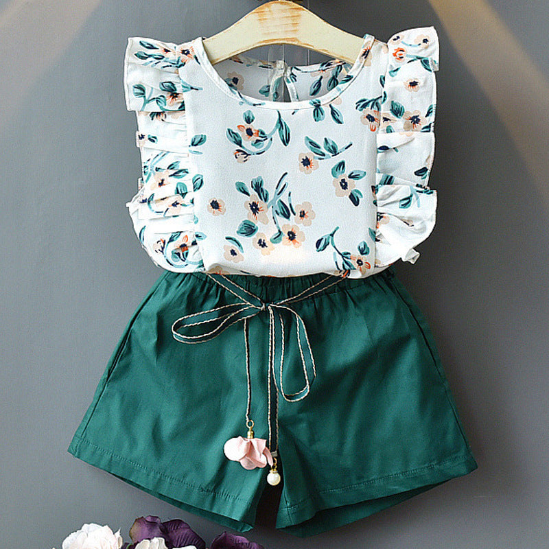 Ruffle top + wide-leg pants children suit
