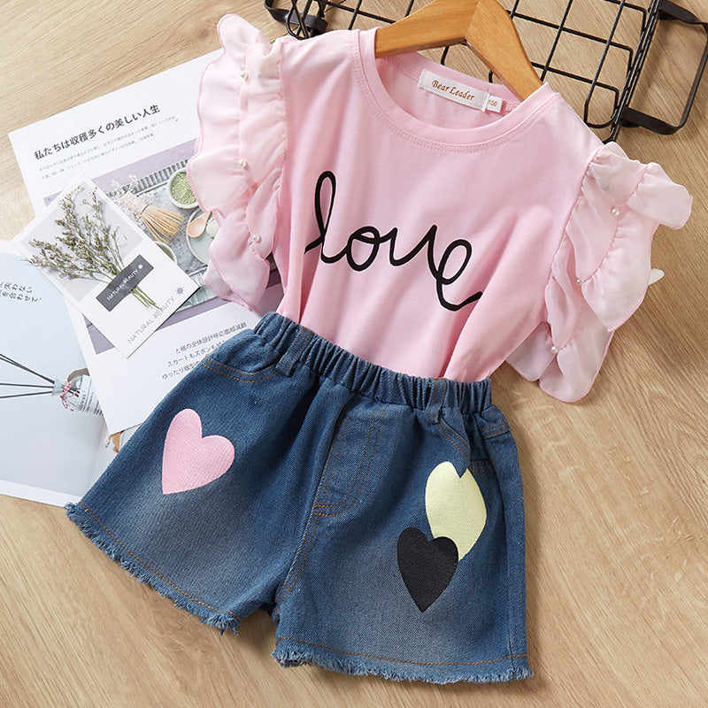 Ruffle top + wide-leg pants children suit
