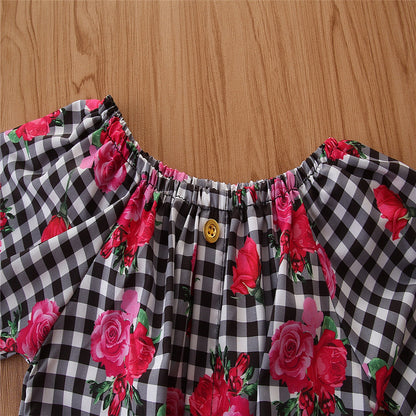 Girls' Clothing, Small And Medium-Sized Children's Checked Long-Sleeved Flared Pants