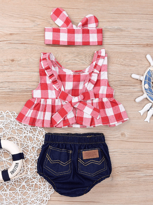 Children Plaid Top Denim Shorts Headdress Three-piece Set