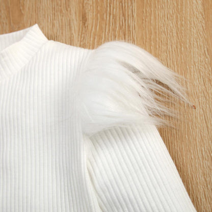 Autumn And Winter Children Cotton Sunken Stripe Long Sleeve Furry Top Irregular PU Skirt