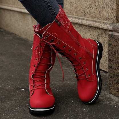 Mid Calf Lace-up Long Boots Women Flat Heels Round Toe Denim Cowboy Boots With Side Zipper Western Boots Fashion Autumn Winter Shoes