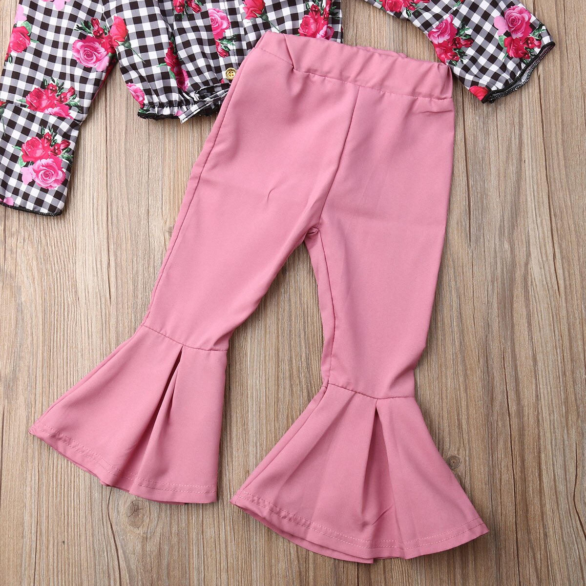 Girls' Clothing, Small And Medium-Sized Children's Checked Long-Sleeved Flared Pants