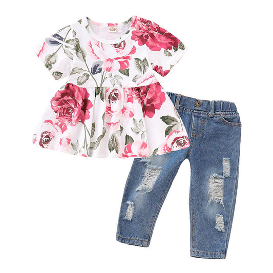 Children's rose top  denim suit