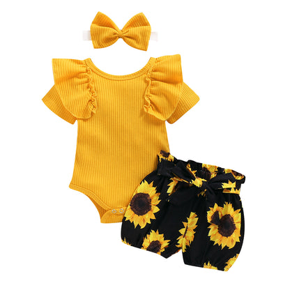Children's Stiletto Top And Printed Shorts Free Bow Headband