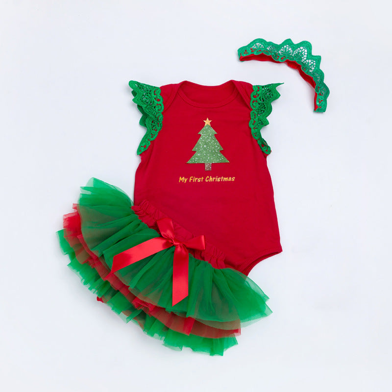 Baby Christmas Tree Green Romper Mesh Skirt Suit