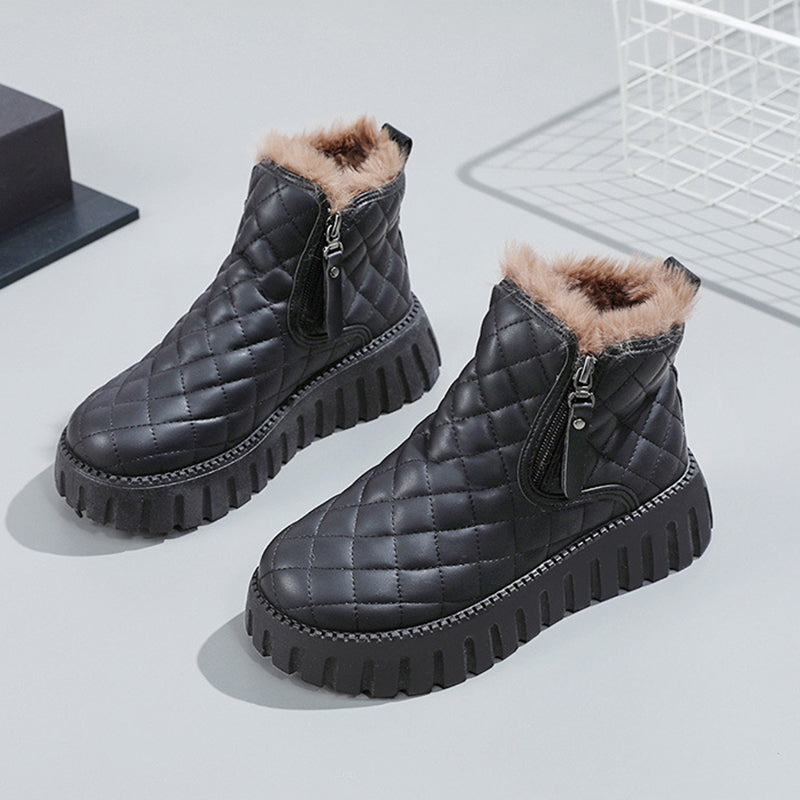 Women's Plaid Pattern Platform Ankle Boots Casual Side Zipper Plush Lined Snow Boots Winter Comfortable Short Boots