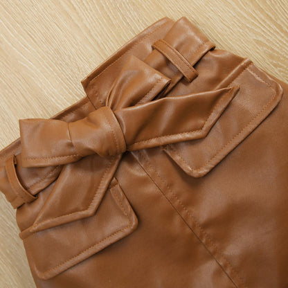 Autumn And Winter Children Cotton Sunken Stripe Long Sleeve Furry Top Irregular PU Skirt