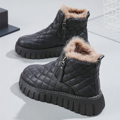 Women's Plaid Pattern Platform Ankle Boots Casual Side Zipper Plush Lined Snow Boots Winter Comfortable Short Boots
