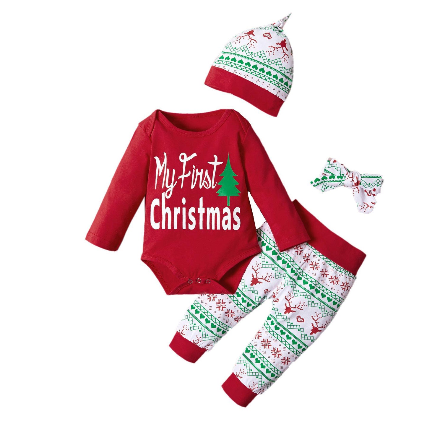 Baby Christmas Style Cotton Long-sleeve Jumpsuit Trousers